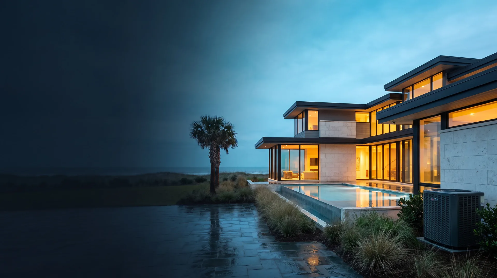 Contemporary coastal home illuminated at dusk